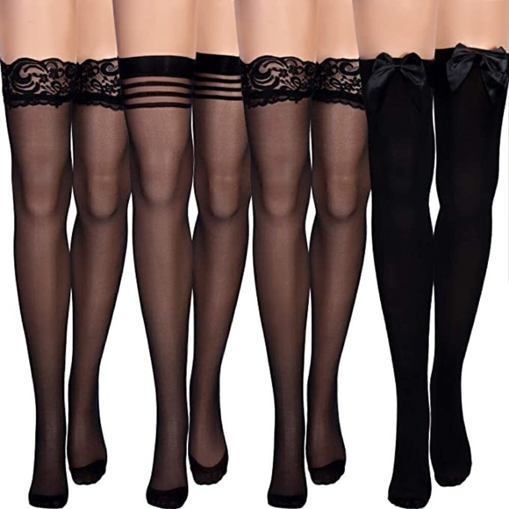 𝅺SILK Thigh High Stockings Women Lace Silicone Socks Satin Bow Top Sexy NWT